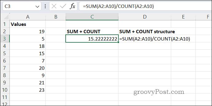 SUMCOUNT vidutinis rezultatas programoje „Excel“.