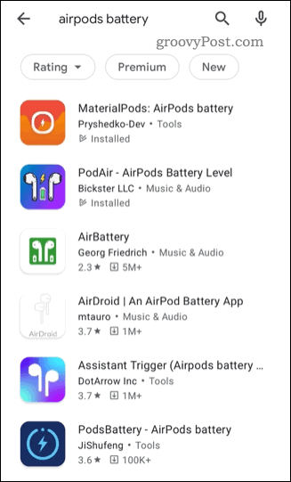 Trečiųjų šalių „AirPods“ būsenos programų sąrašas „Google Play“ parduotuvėje