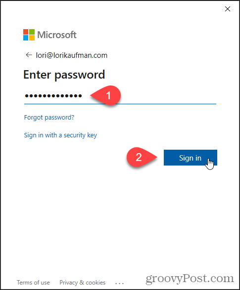 Įveskite „Microsoft“ el. pašto slaptažodį