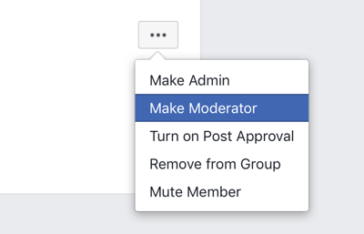 Kaip patobulinti „Facebook“ grupės bendruomenę, „Facebook“ grupės meniu parinktį, kad narys taptų moderatoriumi 