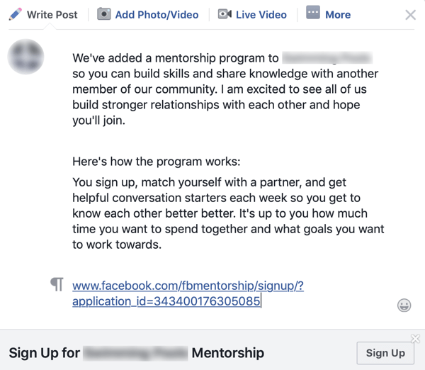 Kaip patobulinti „Facebook“ grupės bendruomenę, grupės pranešimo apie „Facebook“ mentoriaus programą pavyzdys