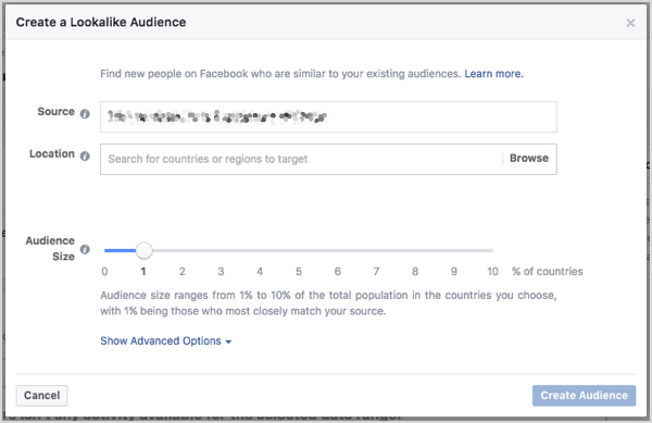 Nustatykite „Facebook“ panašų auditorijos dydį. Dydį galite valdyti slankikliu, kuris rodomas kuriant auditoriją.