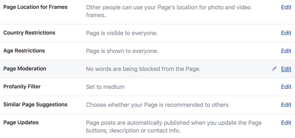 Norėdami valdyti naujojo „Facebook“ verslo puslapio valdymą, naudokite sritį Bendrieji nustatymai.