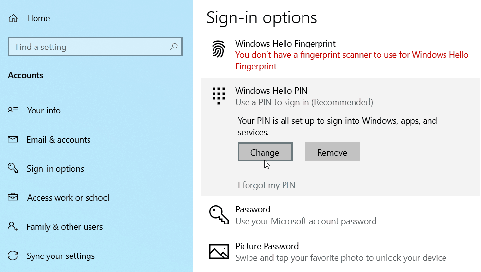 pakeisti pridėti PIN Windows 10