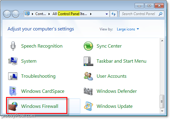 iš valdymo skydelio atidarykite „Windows 7“ užkardą