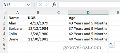 Excel amžius metais ir mėnesiais
