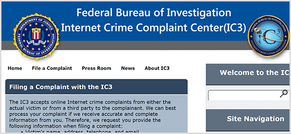 Jei kažkas apsimetinėja jūsų verslu, praneškite apie apgaulingą veiklą FTB skundų dėl interneto nusikalstamumo centrui.