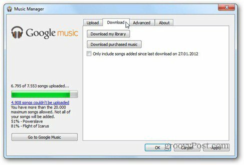 „Google“ muzikos atsisiuntimo skirtukas
