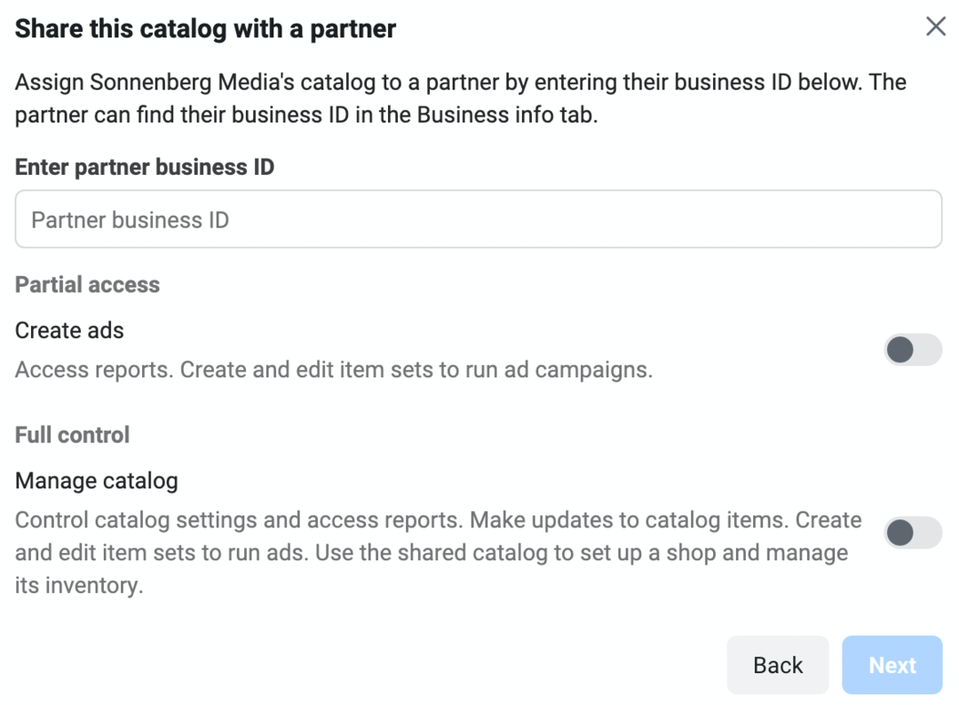 „Meta Business Manager“ ekrano bendrinimo šiuo katalogu su partneriu vaizdas