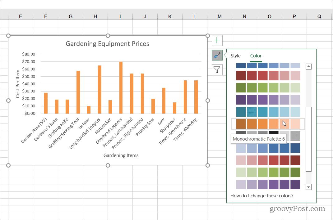 Keisti spalvų stiliaus juostos diagramą Excel