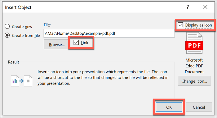 PDF failo kaip objekto įdėjimas į „PowerPoint“