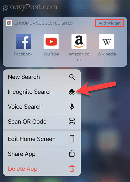 Palieskite Naujas inkognito skirtukas iš „Chrome“ programos piktogramos „iOS“