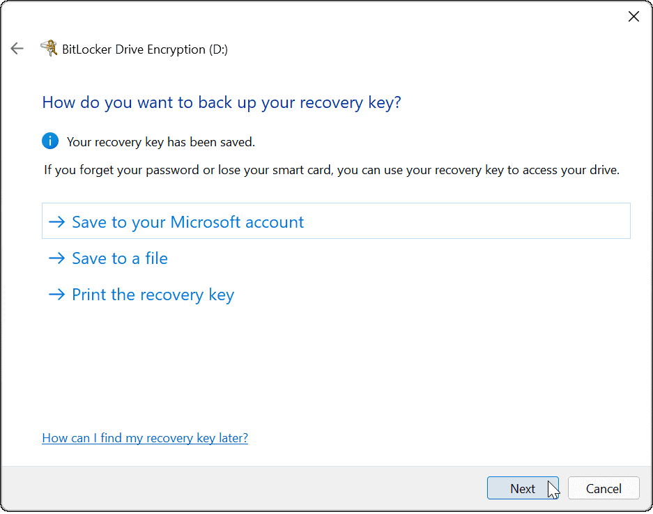 naudokite „Bitlocker“, kad įjungtumėte „Windows 11“ atkūrimo raktą