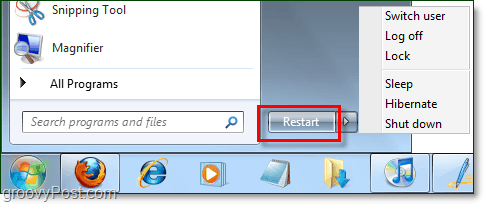 „Windows 7“ maitinimo mygtuką su pakeistomis savybėmis, kad galėtumėte paleisti iš naujo