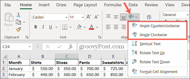 Norėdami pasukti tekstą, pasirinkite „Excel“ orientacijos kampą