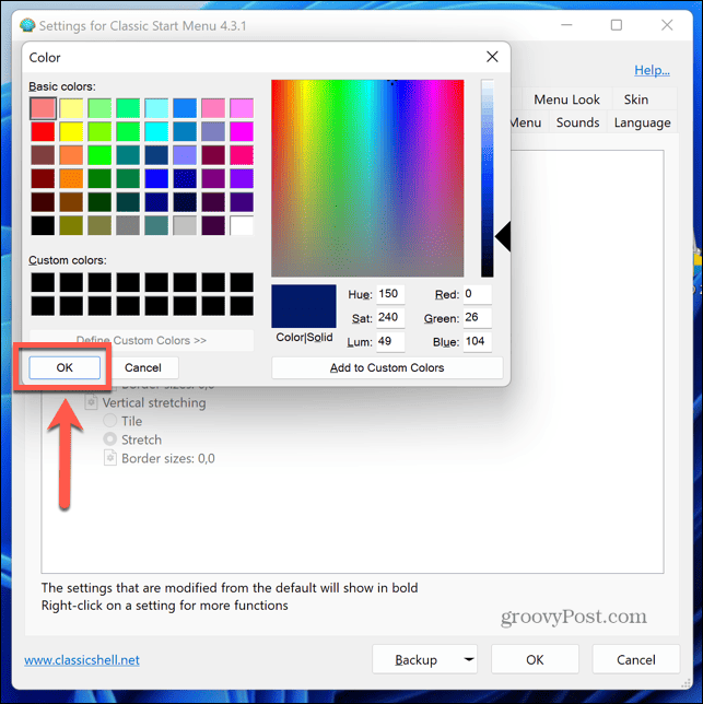 Windows 11 klasikinis apvalkalo spalvų rinkiklis