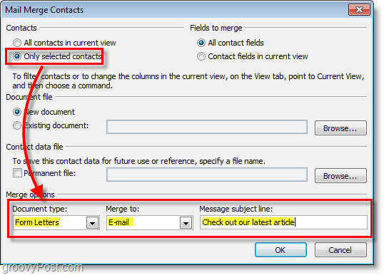 „Outlook 2010“ ekrano kopija - įsitikinkite, kad teisingai parinktys yra tinkamos naudojant pašto sujungimo kontaktus