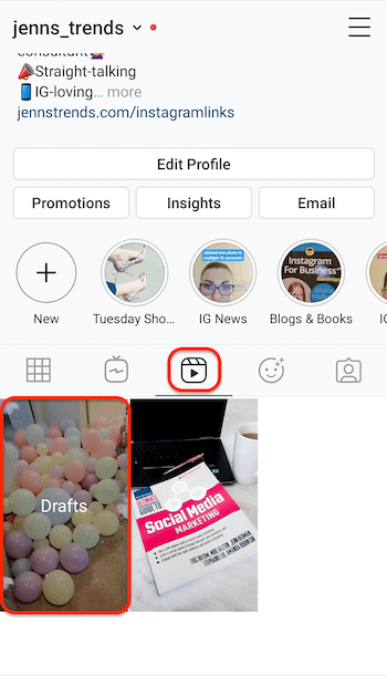 profilio skirtuko „Instagram“ ritės ekrano kopija, kurioje rodoma ritinių juodraščių rezervavimo vieta