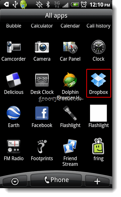 „Android Dropbox“ paleiskite „Dropbox“ piktogramą
