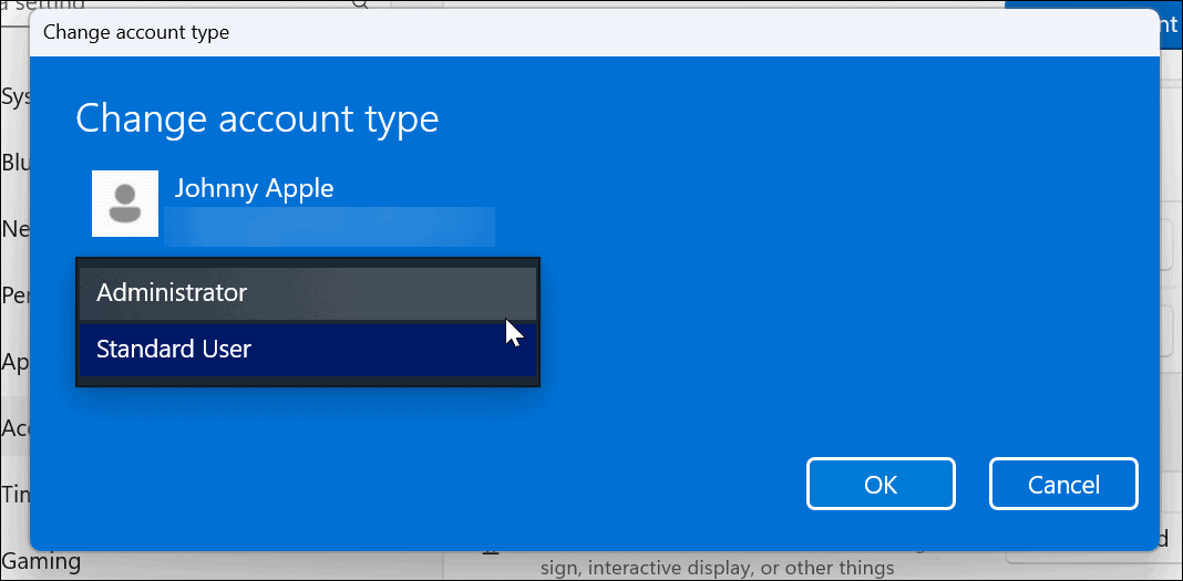 Pakeiskite paskyros tipą sistemoje „Windows 11“.