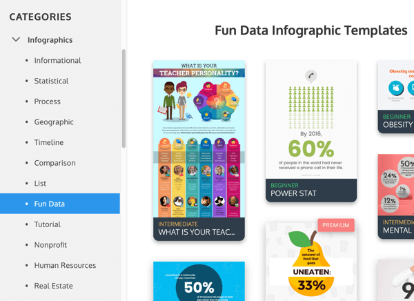 „Venngage“ infografinių kategorijų pavyzdžiai skiltyje „Linksmi duomenys“.