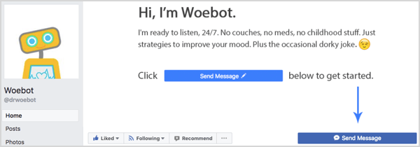 „Woebot“ „Facebook“ puslapio mygtukas Siųsti pranešimą.
