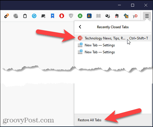 Iš naujo atidarykite uždarą skirtuką „Firefox“