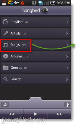 „songbird“ „Android“ ekrano kopijoje