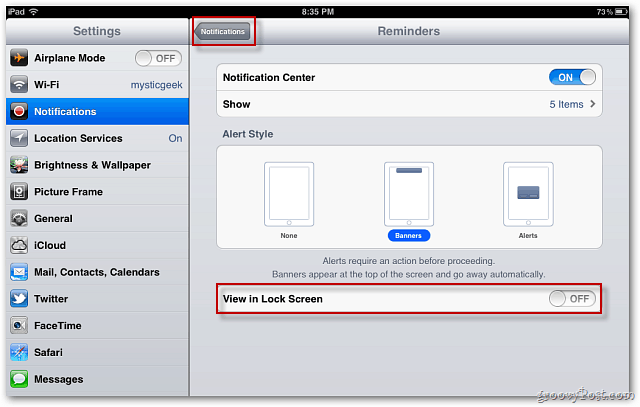 „Apple iOS 5“: Išjunkite pranešimų rodymo rodymą užrakinimo ekrane