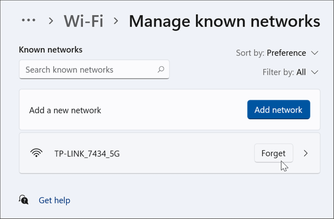 pamirškite „Wi-Fi“ tinklą „Windows 11“.