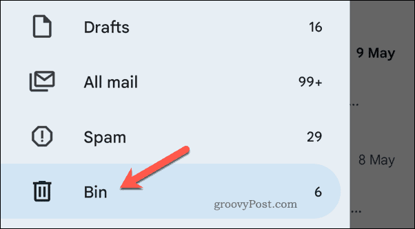 Šiukšliadėžės atidarymas „Gmail“ mobiliajame telefone