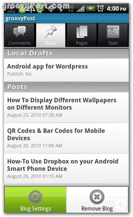 „Wordpress“ „Android“ įrašų peržiūra - juodraščiai