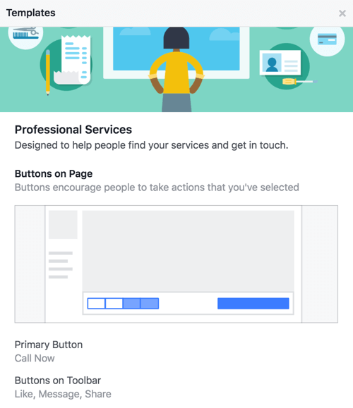 Sužinokite, kurie mygtukai ir raginimai veikti yra jūsų „Facebook“ puslapio šablone.