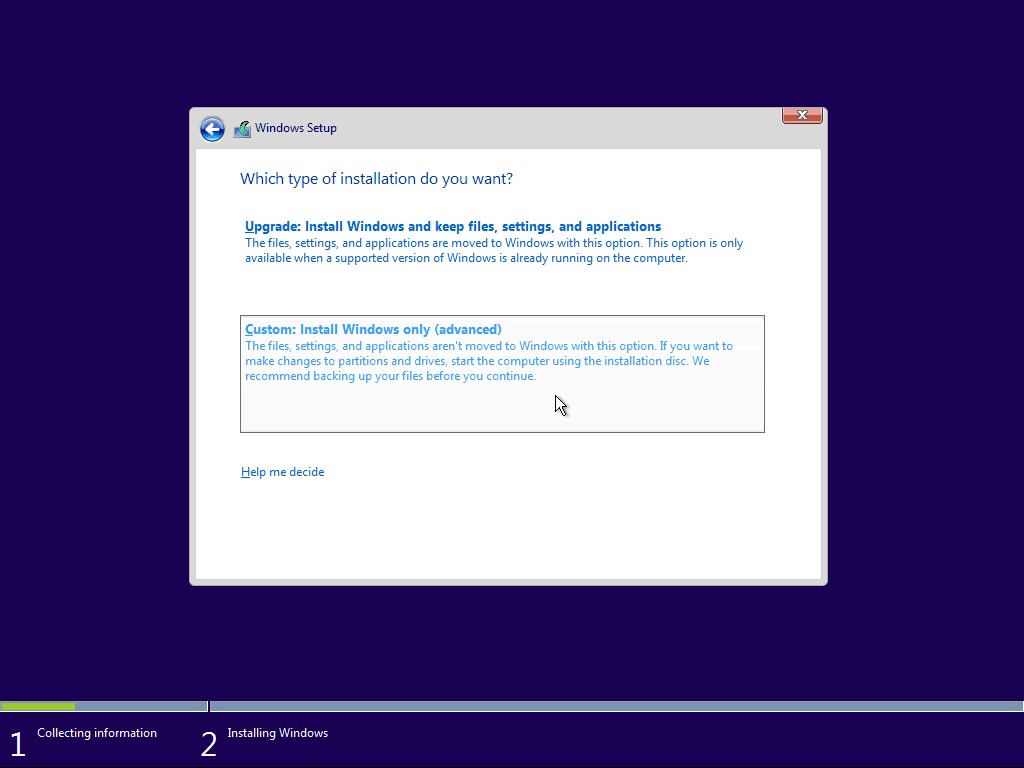 04 „Cutom Windows 10“ švarus diegimas