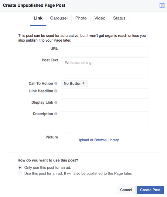 Norėdami sukurti tamsius „Facebook“ įrašus kaip skelbimus, galite naudoti „Power Editor“ ir pasirinkti Tik naudoti šį įrašą skelbimui.