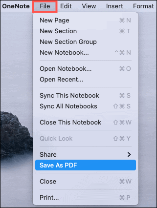 Išsaugoti kaip PDF „OneNote Mac“