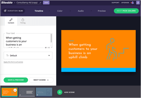 Tinkinkite tekstą ir sceną naudodami „Biteable“ laiko juostą.