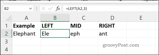 „Excel“ VIDURIO DEŠINĖS ir KAIRĖS formulių pavyzdys