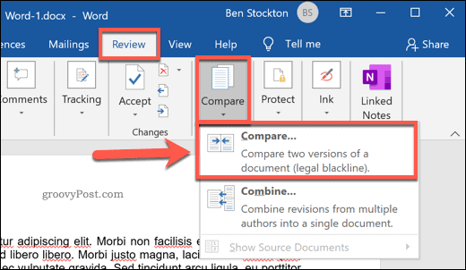 Dviejų „Microsoft Word“ dokumentų palyginimas