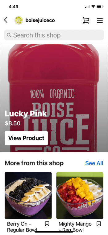 pavyzdys instagram produktų, perkamų iš @boisejuiceco, rodantis laimingą rausvą už 8,50 USD ir daugiau parduotuvėje pasirodo paprastas uogų dubuo ir galingas mangų dubuo kartu su galimybe ieškoti parduotuvėje