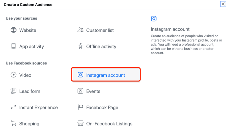 „facebook“ skelbimų tvarkyklė sukuria pasirinktinį auditorijos meniu, paryškindama „Instagram“ paskyros parinktį