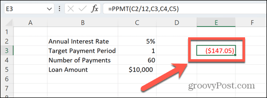 Excel PPMT rezultatas