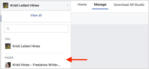 Norėdami sukurti „Facebook“ rėmelį savo renginiui, eikite į „Tvarkyti efektus“ ir pasirinkite savo „Facebook“ puslapį.