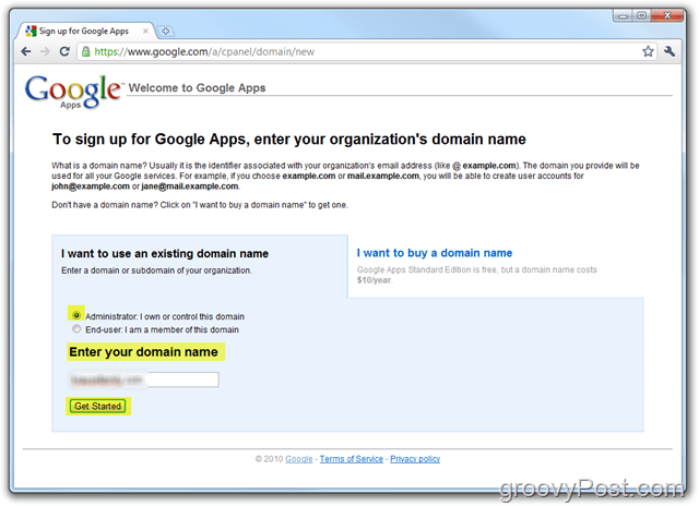 „Google Apps“ standartinės versijos registracija įveskite domeną
