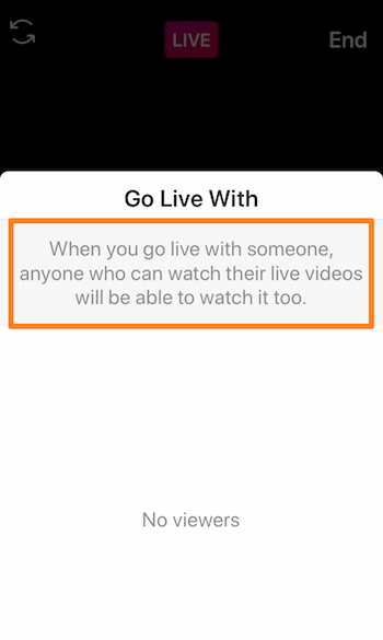 „Instagram Live“ ekrano kopija, kurioje rodomas pranešimas. Kai eisite gyventi su kuo nors, visi, galintys žiūrėti jų tiesioginius vaizdo įrašus, taip pat galės tai žiūrėti.