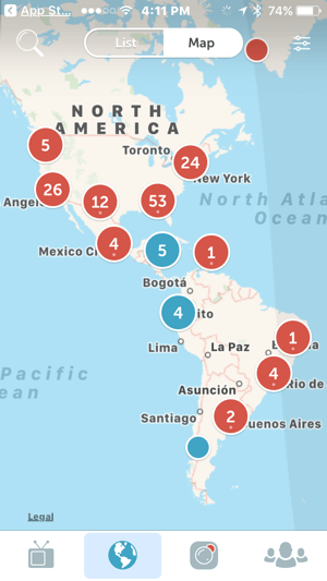 Periskopo žemėlapis leidžia žiūrovams lengvai rasti tiesioginius srautus visame pasaulyje.
