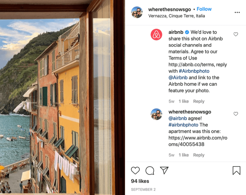 „Instagram“ rašytinio pakartotinio leidimo leidimo pavyzdys tarp @wherethesnowsgo ir @airbnb su airbnb, prašydamas pasidalinti nuotrauka ir informacija apie tai, kaip suteikti patvirtinimą, ir @wherethesnowsgo atsakymas, leidžiantis dar kartą bendrinti paveikslėlis