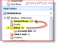 „Outlook 2007“ ekrano kopija, paaiškinanti, kad ištrinti elementai perkeliami į ištrintų elementų aplanką