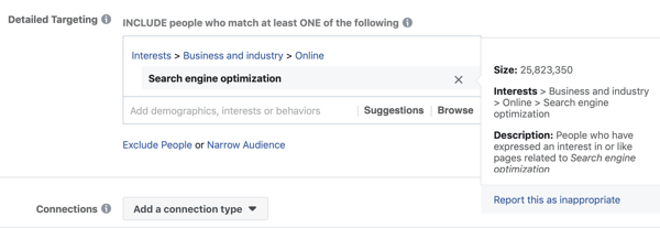 Standartinio „Facebook“ taikymo pagal pomėgius paieškos sistemos optimizavimas pavyzdys, kai auditorija yra per didelė - 25 mln.