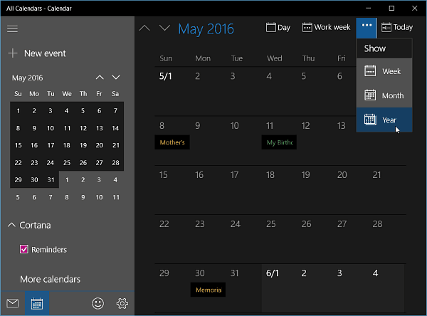 Kalendoriaus programa, skirta „Windows 10“ „Insider Build 11099“, rodoma per metus